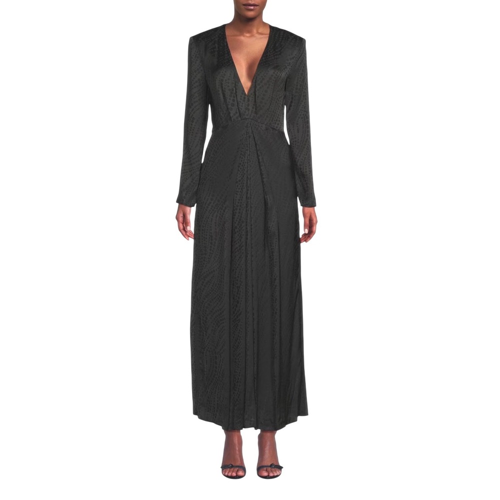 The Kooples Maxi Dress Black Jacquard Deep V-Neck Long Sleeve‎ FR 2/US 6